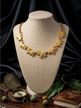 Vintage Matte Gold Elephant Charm Necklace